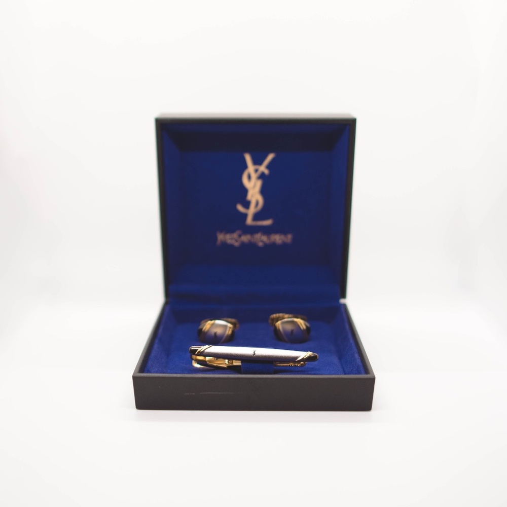 Vintage Yves Saint Laurent Tie Bar & Cufflink Set With Box